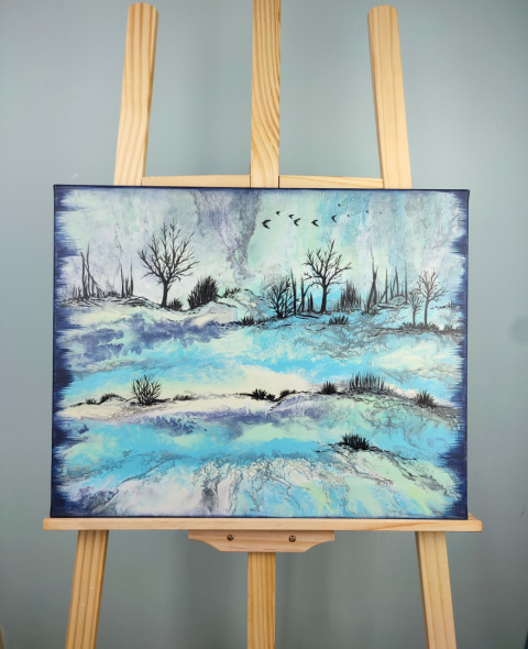 Ręcznie malowany krajobraz zimowy na płótnie 40x50