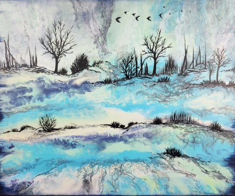 Obraz akrylowy ręcznie malowany na płótnie - Krajobraz zima Abstrakcja