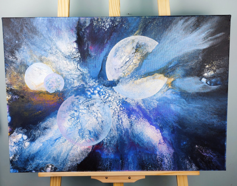 Ręcznie malowany obraz akrylowy Kosmiczna abstrakcja w odcieniach niebieskiego