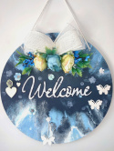 Zawieszka "Welcome" granatowo-niebieska z kokardą i kwiatami