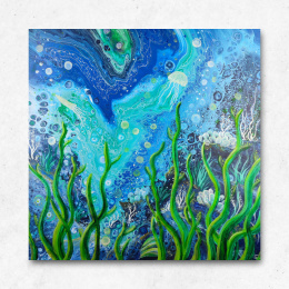 Obraz akrylowy abstrakcja podwodny świat ocean rafa koralowa, pouring na płótnie 60x60